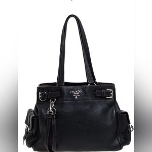 Prada Black Leather Vitello Daino Side Pocket Shoulder Bag.